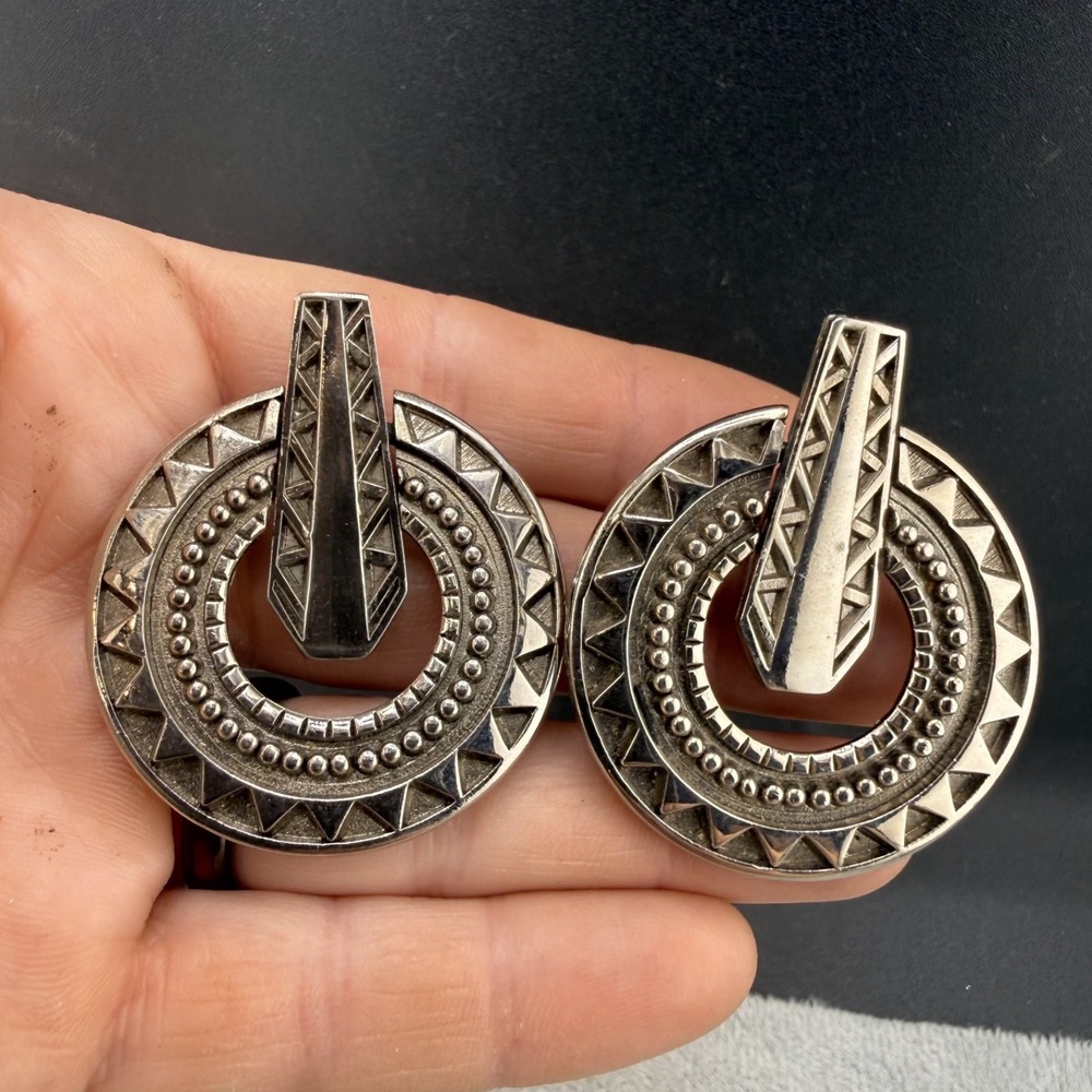 Vintage Ginnie Johansen Clip On Earrings Silver Tone Western Tribal Signed 80s